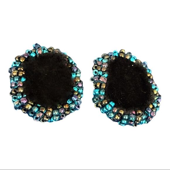 Hand beaded royal blue glass cabs turquoise gold glass bezel pierced earrings - Picture 12 of 13